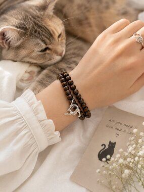 Handmade Wooden Bead Cat Bracelet NWT Stretch Boho Cat Lover Jewelry Gift NWT